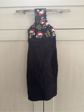 Holiday Skull Kitchen Hanging Towel - Black with Red & Green Accents
